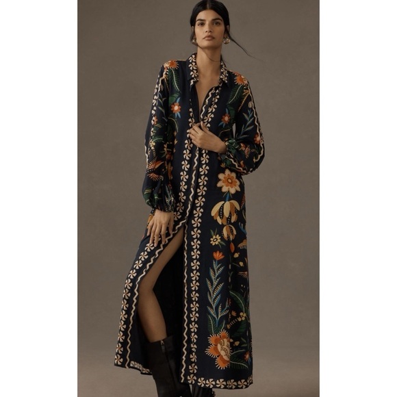 NWT Anthropologie x Farm Rio Floral Birds Long-Sleeve Button-Front Midi Dress​​​ - Picture 8 of 10